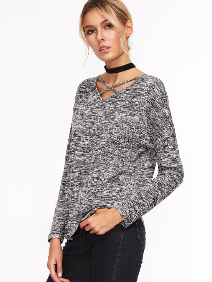 Romwe Grey Marled Knit Strappy Double V Neck T-shirt