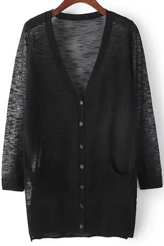 Romwe Dip Hem With Pockets Black Cardigan