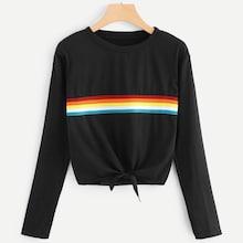 Romwe Striped Tape Knot Hem Tee