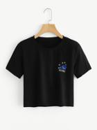 Romwe Planet Embroidered Crop Tee