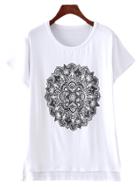 Romwe White Short Sleeve Dip Hem Print T-shirt