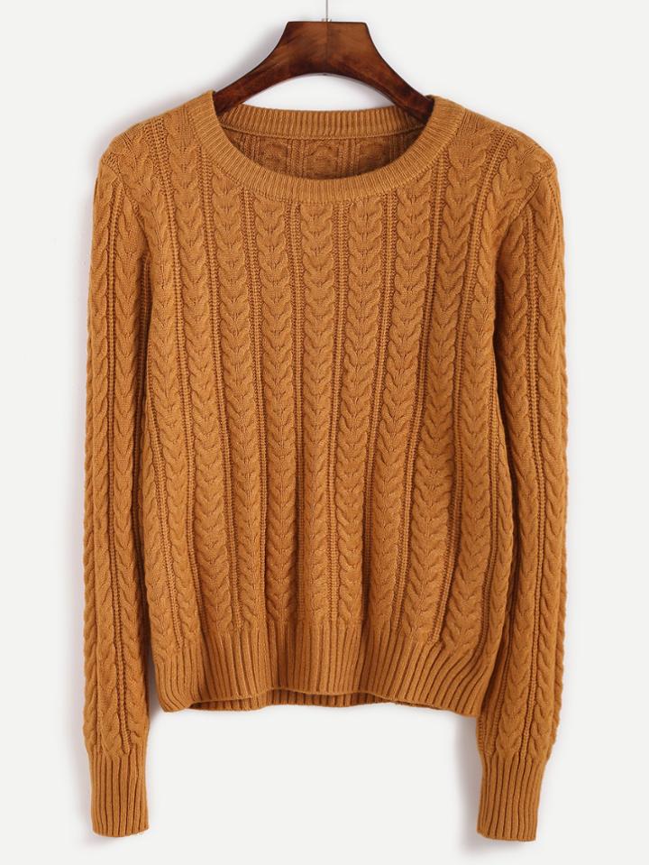 Romwe Yellow Cable Knit Fitted Sweater