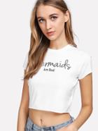 Romwe Raw Edge Letter Print Crop T-shirt