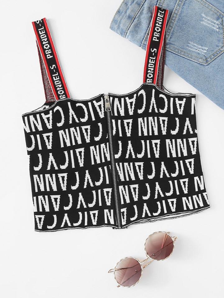 Romwe Letter Print Zip Up Crop Top