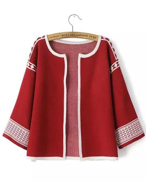 Romwe 3/4 Sleeve Geometric Print Wine Red Coat