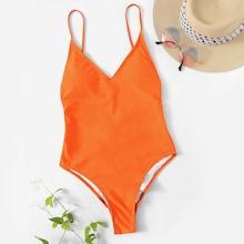 Romwe Neon Orange Lace-up Backless One Piece Swimsuit