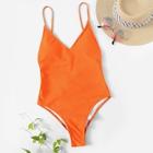 Romwe Neon Orange Lace-up Backless One Piece Swimsuit