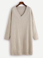 Romwe Apricot V Neck Drop Shoulder Ribbed Knit Sweater Dress