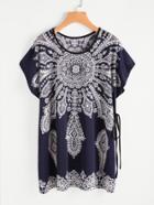 Romwe Vintage Print Dolman Sleeve Tie Detail Tee Dress