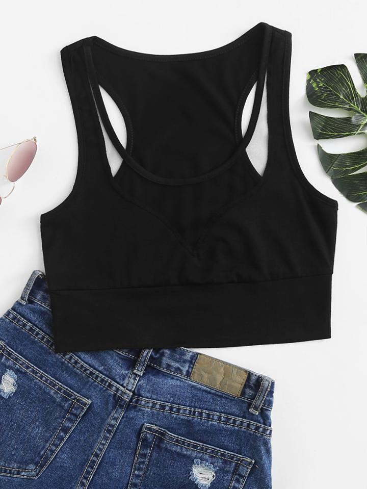 Romwe Sheer Mesh Panel Crop Top
