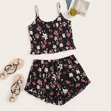 Romwe Floral Print Frill Hem Cami Pj Set