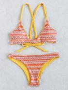 Romwe Geometric Print Tie Back Bikini Set