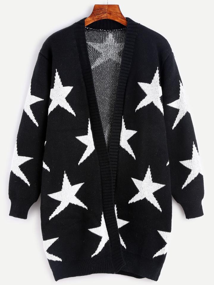 Romwe Black Star Graphic Sweater Coat