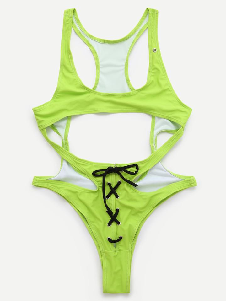 Romwe Green Cutout Lace Up Monokini