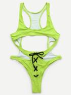 Romwe Green Cutout Lace Up Monokini
