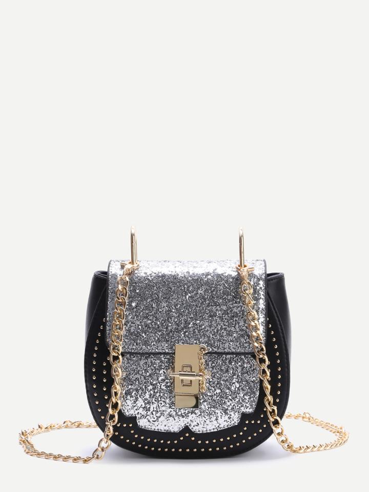 Romwe Sliver Sequin Saddle Bag With Chain