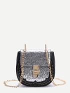 Romwe Sliver Sequin Saddle Bag With Chain