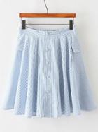 Romwe Blue Stripe Single Breasted Pleated Skirt