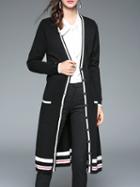 Romwe Black V Neck Tie-waist Striped Coat