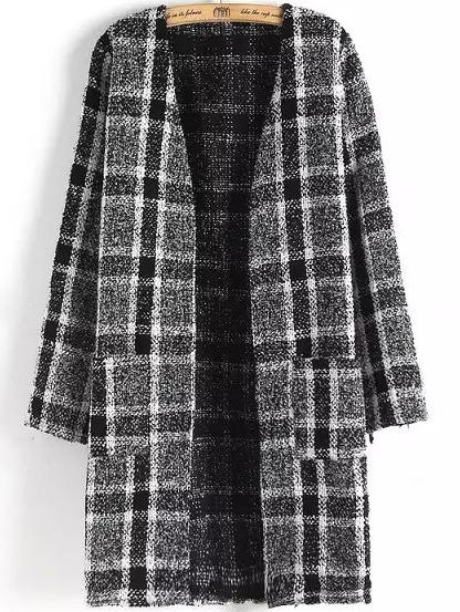 Romwe Plaid Pockets Black And Grey Coat