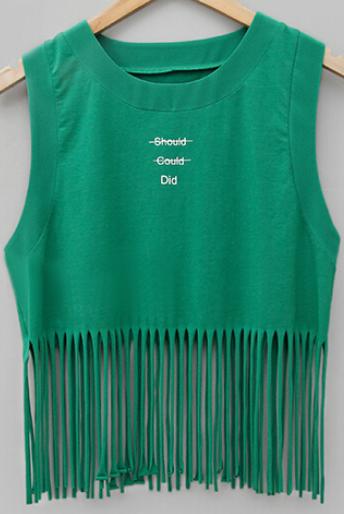 Romwe With Tassel Letter Print Green Tank Top