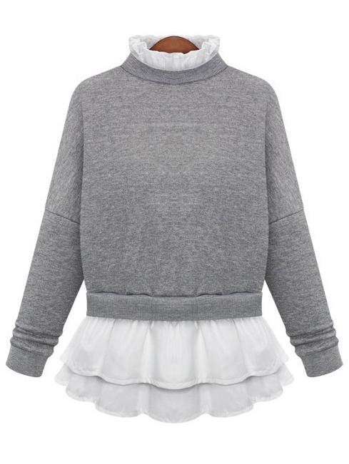 Romwe Ruffle Collar Dropped Shoulder Seam Grey Blouse