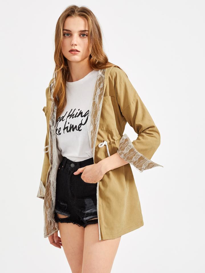 Romwe Hooded Drawstring Waist Lace Lining Trench Coat