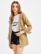 Romwe Hooded Drawstring Waist Lace Lining Trench Coat