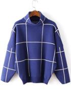 Romwe High Neck Plaid Loose Blue Sweater
