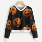 Romwe Halloween Pumpkin Print V Neck Sweatshirt