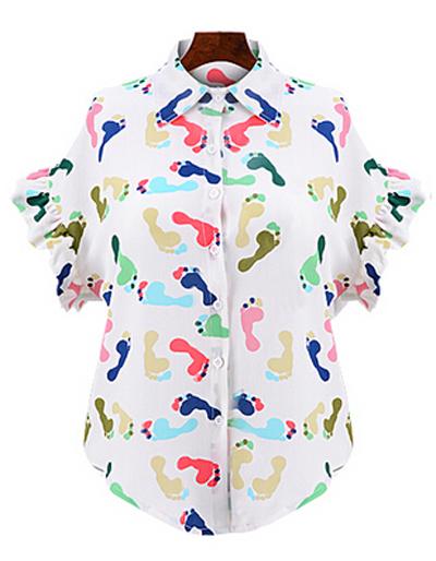 Romwe Lapel Footprint Print White Blouse