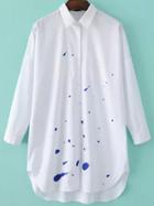 Romwe White Lapel Graffiti Print Dip Hem Blouse