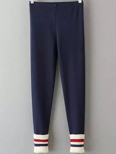 Romwe Elastic Waist Striped Slim Navy Leggings