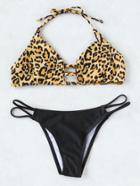 Romwe Leopard Printed Ladder Cutout Bikini Set