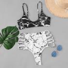 Romwe Marble Print Top With Ladder Cut-out Bikini