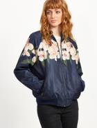 Romwe Navy Flower Print Zip Front Bomber Jacket