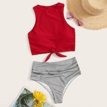 Romwe Knot Hem Top With Ruched High Waist Tankini Set