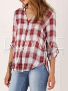 Romwe Red Long Sleeve Plaid High Low Blouse