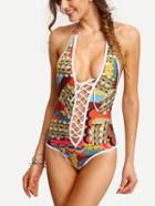 Romwe Contrast Trim Lace-up Neck One-piece Swimwear