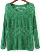 Romwe Open-knit Crochet Green Sweater