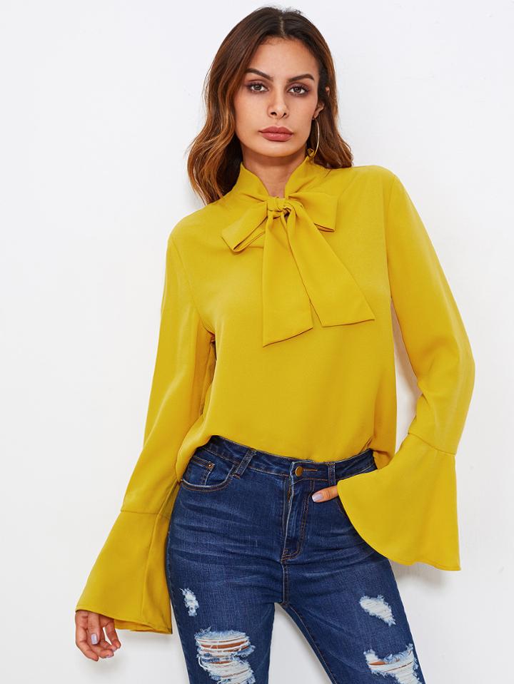 Romwe Bow Tied Neck Bell Cuff Curved Hem Blouse
