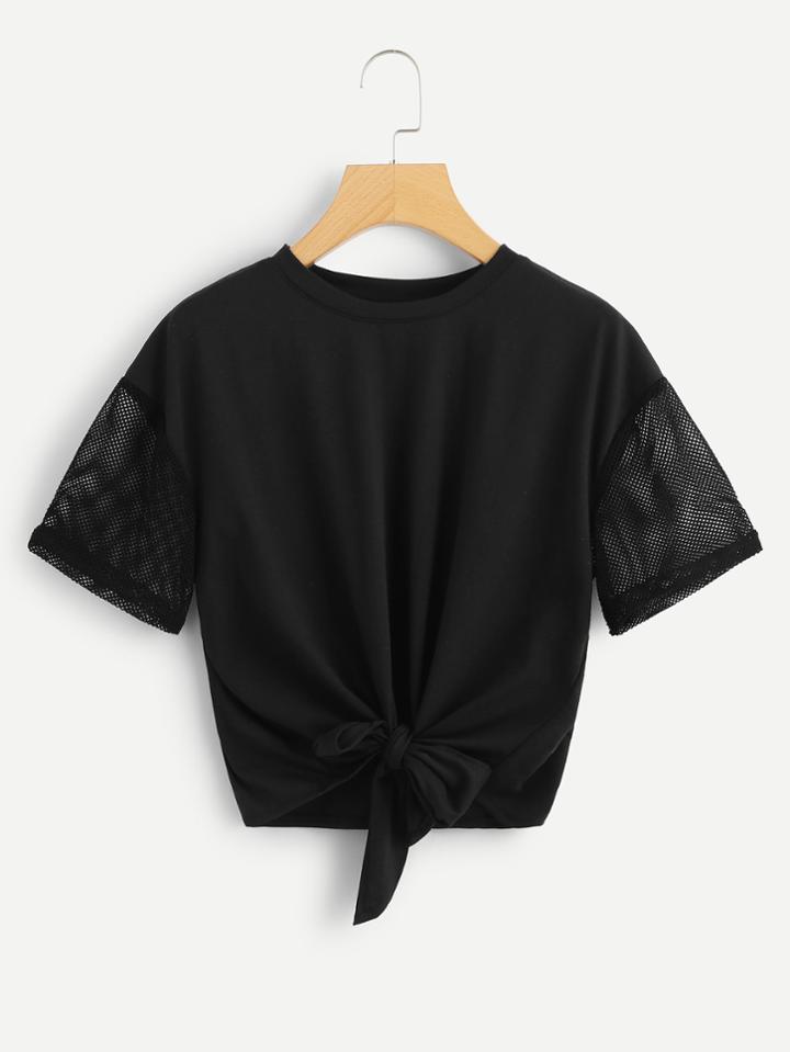 Romwe Knot Front Mesh Sleeve Tee