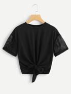 Romwe Knot Front Mesh Sleeve Tee