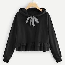 Romwe Plaid Tape Ruffle Hem Hooded Sweatshirt