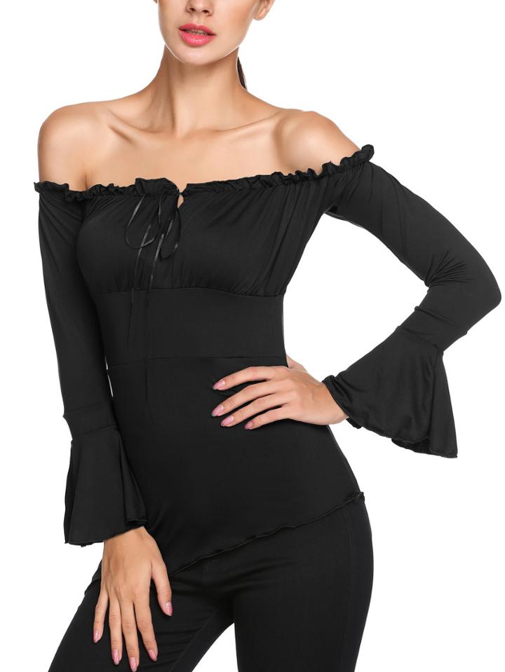 Romwe Off The Shoulder Bell Sleeve Asymmetrical Black Blouse