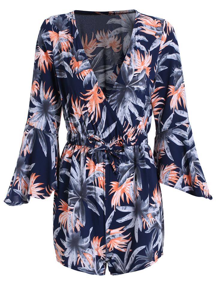 Romwe Deep V Neck Florals Blue Jumpsuit