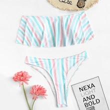 Romwe Plus Striped Flounce Bikini Set