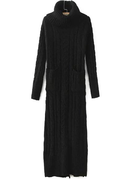 Romwe Turtleneck Long Sleeve Cable Knit Black Sweater Dress