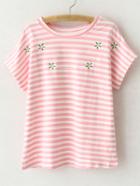 Romwe Pink Short Sleeve Flowers Embroidery Stripe T-shirt