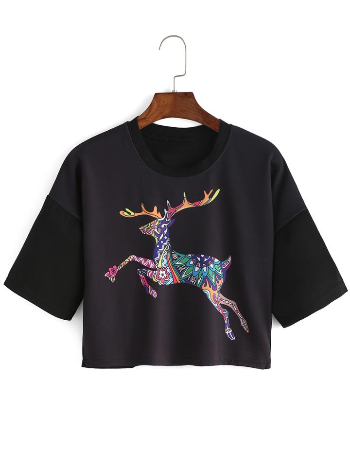 Romwe Black Deer Print Crop T-shirt